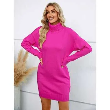 SENFURE Women Sweater Dress Turtleneck Long Sleeve Soft Sweater Knitted Pullover Dress for Fall Winter Rose Red