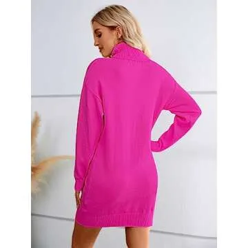SENFURE Women Sweater Dress Turtleneck Long Sleeve Soft Sweater Knitted Pullover Dress for Fall Winter Rose Red