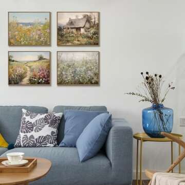 Gardenia Art Framed Flowers Path Art Prints Colorful Wildflower Field Wall Art Nature Spring Landscape Canvas Painting Vintage Floral Botanical Aesthetics Picture Farmhouse Home Wall Decor, 8x10 Inch