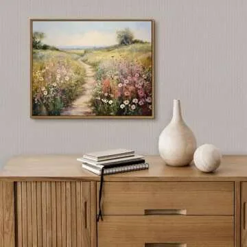 Gardenia Art Framed Flowers Path Art Prints Colorful Wildflower Field Wall Art Nature Spring Landscape Canvas Painting Vintage Floral Botanical Aesthetics Picture Farmhouse Home Wall Decor, 8x10 Inch