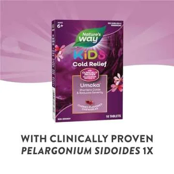 Nature's Way Cold Relief for Kids 6+, Umcka, Shortens Duration & Reduces Severity, Multi-Symptom Cold Relief, Homeopathic, Phenylephrine Free, Cherry Flavored, 10 Chewable Tablets (Packaging May Vary)