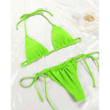 Women Halter String Bikini Set Sexy Thong Cheeky Two Piece Swimsuits Solid Color Bathing Swimwear