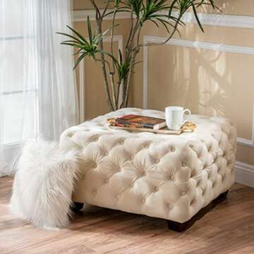 Christopher Knight Home Jaymee Velvet Ottoman, Ivory