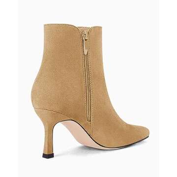 Coutgo Women's Kitten Heel Booties Pointed Toe Low Stiletto Side Zipper Fall Short Ankle Boots Shoes, Camel, Size 7.5