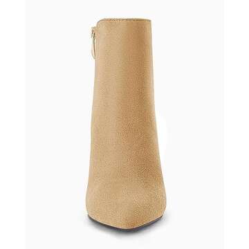 Coutgo Women's Kitten Heel Booties Pointed Toe Low Stiletto Side Zipper Fall Short Ankle Boots Shoes, Camel, Size 7.5