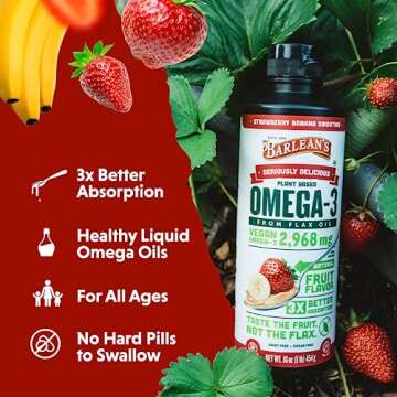 Barlean's Strawberry Banana Omega 3 Liquid Flaxseed Oil with 2,968 mg Vegan Omegas 3 6 9, Smoothie Supplements for Kids and Adults, Non-GMO and Gluten Free, 16 oz