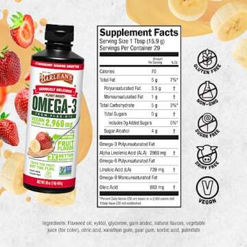 Barlean's Strawberry Banana Omega 3 Liquid Flaxseed Oil with 2,968 mg Vegan Omegas 3 6 9, Smoothie Supplements for Kids and Adults, Non-GMO and Gluten Free, 16 oz