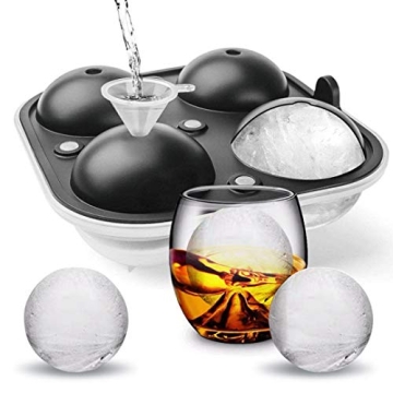 Cusbus Large Ice Cube Trays for Whiskey, 2.5" Flexible 4 Ice Balls Maker with Lids & 4 Bonus Funnels...