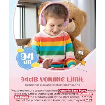 DyBaxa Kids Headphones, Wired Foldable On-Ear Headphones for Kids, Volume Limiter 94dB, Kid Headphones for School Classes Travel, 3.5mm Jack Kids Headset Compatible Smartphones Tablet, Pink