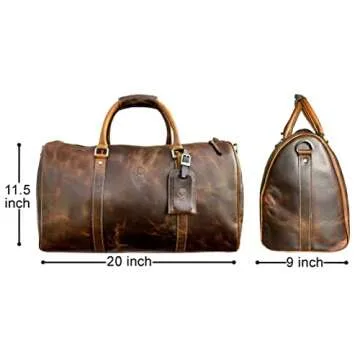 Leather Duffle Bag for Men - Full Grain Leather Travel Bag - TSA Approved Carry On Weekender Overnight Duffel Bag (Brown, 20 inch)
