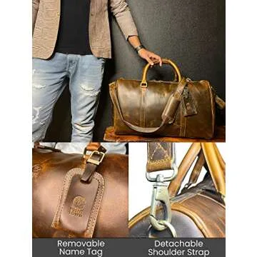 Leather Duffle Bag for Men - Full Grain Leather Travel Bag - TSA Approved Carry On Weekender Overnight Duffel Bag (Brown, 20 inch)