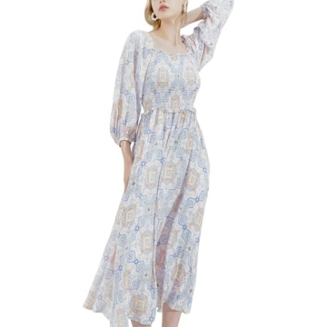 SIXDO Womens 2025 Midi Dresses Smocked Long Sleeve Floral Elastic Cuffs Square Neck Casual Beach Wor...
