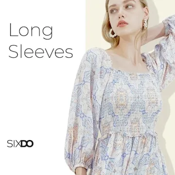 SIXDO Womens 2025 Midi Dresses Smocked Long Sleeve Floral Elastic Cuffs Square Neck Casual Beach Work Office Wear Blue