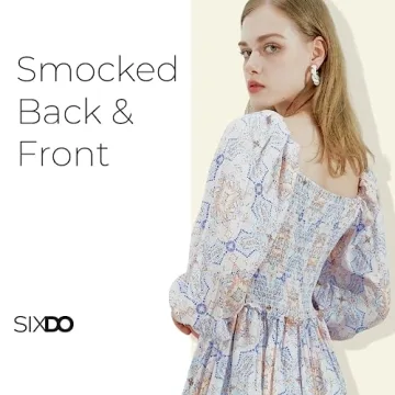 SIXDO Womens 2025 Midi Dresses Smocked Long Sleeve Floral Elastic Cuffs Square Neck Casual Beach Work Office Wear Blue