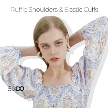 SIXDO Womens 2025 Midi Dresses Smocked Long Sleeve Floral Elastic Cuffs Square Neck Casual Beach Work Office Wear Blue