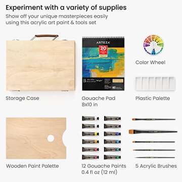 Arteza Gouache Paint Kit, 21 Pieces Art Set, 12 Gouache Art Paint Tubes, 5 Acrylic Brushes, Paper Pa...