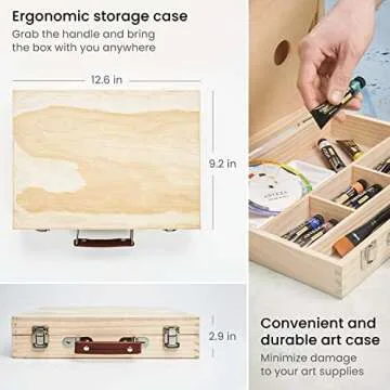 Arteza Gouache Paint Kit, 21 Pieces Art Set, 12 Gouache Art Paint Tubes, 5 Acrylic Brushes, Paper Pad, Plastic Palette, and Wooden Storage Case, Art Supplies for Professional Artists and Hobbyists, Medium