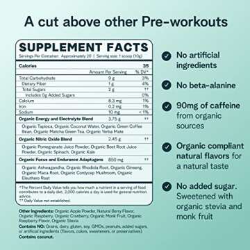 Ora Organic Pre Workout Powder for Men and Women Berry Beet Flavor- Vegan Certified Organic, Soy-Free, Dairy-Free, Gluten-Free- Provides Jitter-Free Energy Boost for Women & Men, 20 Servings