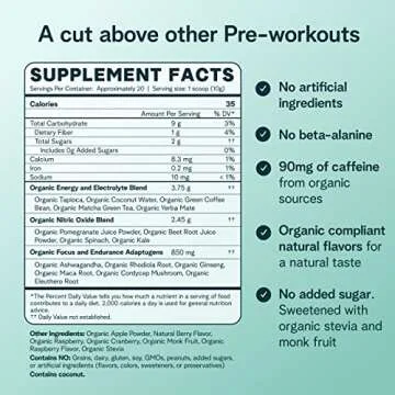 Ora Organic Pre Workout Powder for Men and Women Berry Beet Flavor- Vegan Certified Organic, Soy-Free, Dairy-Free, Gluten-Free- Provides Jitter-Free Energy Boost for Women & Men, 20 Servings