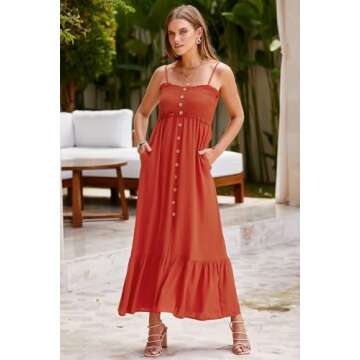 Dokotoo Maxi Dresses for Women 2025 Summer Sleeveless Button Spaghetti Strap Smocked Empire Waist A-Line Casual Sexy Resort Wear Beach Party Cover Up Holiday Dresses Long Sun Dress Orange Small
