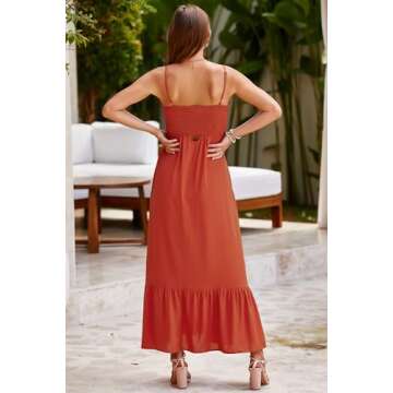 Dokotoo Maxi Dresses for Women 2025 Summer Sleeveless Button Spaghetti Strap Smocked Empire Waist A-Line Casual Sexy Resort Wear Beach Party Cover Up Holiday Dresses Long Sun Dress Orange Small
