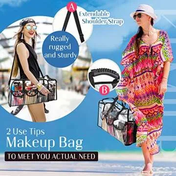 Kemier Clear Travel Makeup Bag with 6 External Pockets,Cosmetic Organizer Case with Shoulder Strap,Large