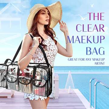 Kemier Clear Travel Makeup Bag with 6 External Pockets,Cosmetic Organizer Case with Shoulder Strap,Large