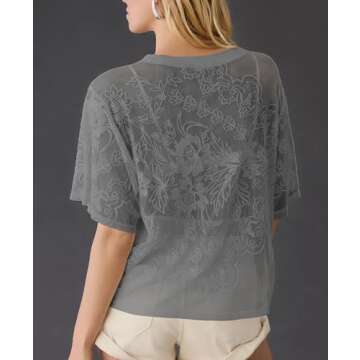 Aimiray Women's Sexy Mesh Tops Short Sleeve Round Neck Lace 3D Printed Floral Sheer Blouse See Throu...