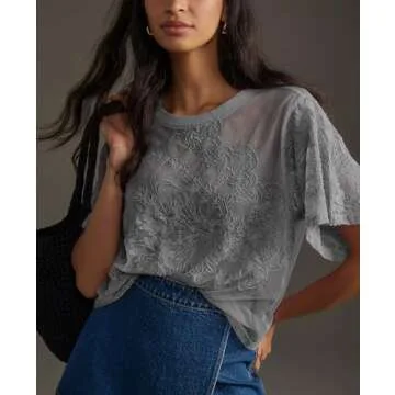 Aimiray Women's Sexy Mesh Tops Short Sleeve Round Neck Lace 3D Printed Floral Sheer Blouse See Through Layering Shirt Tops(Grey-M)