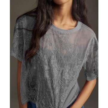 Aimiray Women's Sexy Mesh Tops Short Sleeve Round Neck Lace 3D Printed Floral Sheer Blouse See Through Layering Shirt Tops(Grey-M)