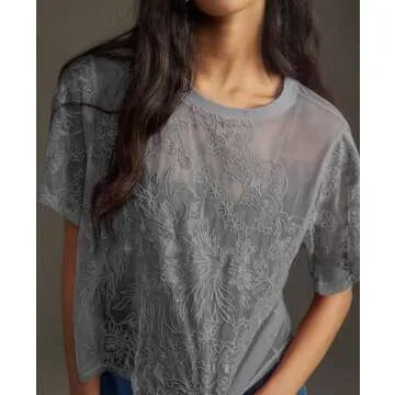 Aimiray Women's Sexy Mesh Tops Short Sleeve Round Neck Lace 3D Printed Floral Sheer Blouse See Through Layering Shirt Tops(Grey-M)