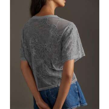 Aimiray Women's Sexy Mesh Tops Short Sleeve Round Neck Lace 3D Printed Floral Sheer Blouse See Through Layering Shirt Tops(Grey-M)