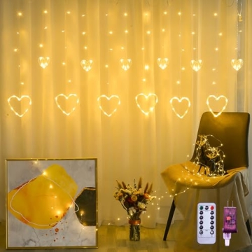 LOLStar Valentine's Day Decor - Warm White LED Heart String Lights with Remote