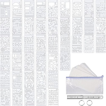 48 Pieces Journal Planner Stencils Plastic Bullet Stencil with A6 File Bag, Steel Ruler and 2 Pieces...