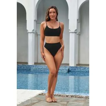 Pink Queen Women's High Cut High Waisted Cheeky Two Piece Swimwear S Black