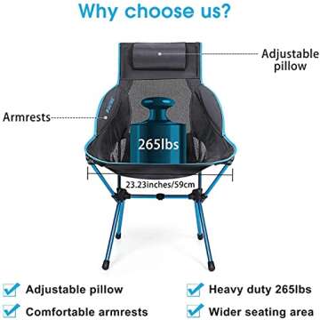 G4Free Folding Camping Chair, High Back Lightweight Camp Chair with Removable Pillow, Side Pocket & Carry Bag, Compact & Heavy Duty 300lbs for Outdoor, Picnic, Festival, Hiking, Backpacking (Blue)