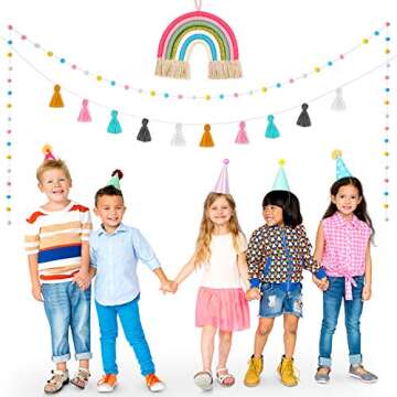 Boao 3 Pcs Pom Pom Garland Boho Rainbow Macrame Wall Hanging Rainbow Tassel Banner Garland Cotton Ball Decor for Home Party Shower Supplies(Light Rainbow Colors)
