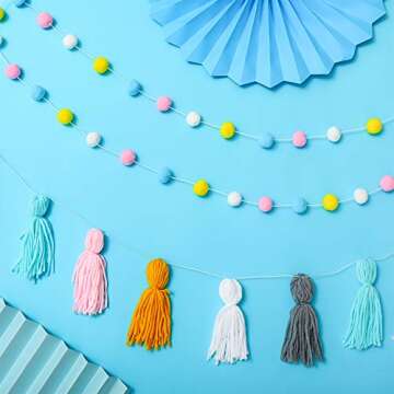 Boao 3 Pcs Pom Pom Garland Boho Rainbow Macrame Wall Hanging Rainbow Tassel Banner Garland Cotton Ball Decor for Home Party Shower Supplies(Light Rainbow Colors)