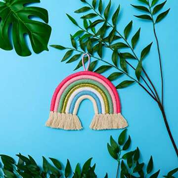 Boao 3 Pcs Pom Pom Garland Boho Rainbow Macrame Wall Hanging Rainbow Tassel Banner Garland Cotton Ball Decor for Home Party Shower Supplies(Light Rainbow Colors)