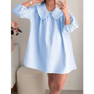 Women's Cute Babydoll Dresses Casual Plaid Print Dress Puff Sleeve Lapel Doll Collar Loose Dress Blue