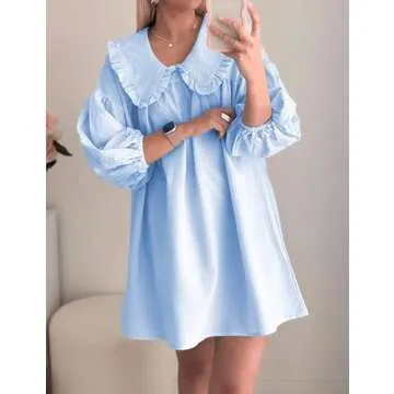 Women's Cute Babydoll Dresses Casual Plaid Print Dress Puff Sleeve Lapel Doll Collar Loose Dress Blue