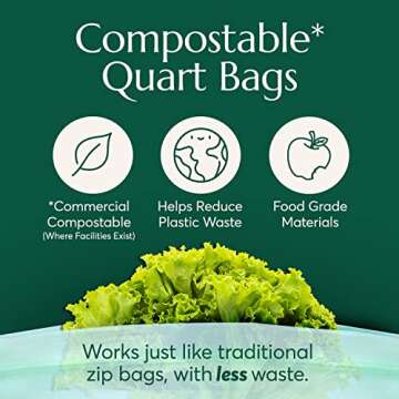 Cleanomic Compostable Quart Size Eco-Friendly Food Storage Bags - Leak Proof, Reusable, 25 Pack