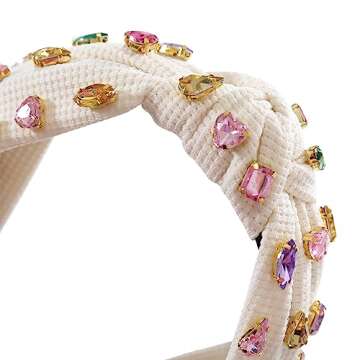 Gmmidea Jeweled Knotted Headband for Women Girls Sparkly Crystal Rhinestone Headband Wide Top Knot Women's Embellished Hairband Hair Accessories Beige