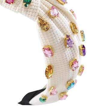 Gmmidea Jeweled Knotted Headband for Women Girls Sparkly Crystal Rhinestone Headband Wide Top Knot Women's Embellished Hairband Hair Accessories Beige