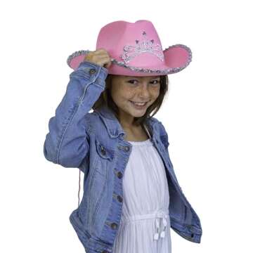 Skeleteen Pink Cowboy Hat - Pink Sequin Cowgirl Princess Hat with Crown Tiara Design