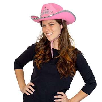 Skeleteen Pink Cowboy Hat - Pink Sequin Cowgirl Princess Hat with Crown Tiara Design