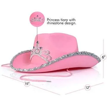 Skeleteen Pink Cowboy Hat - Pink Sequin Cowgirl Princess Hat with Crown Tiara Design