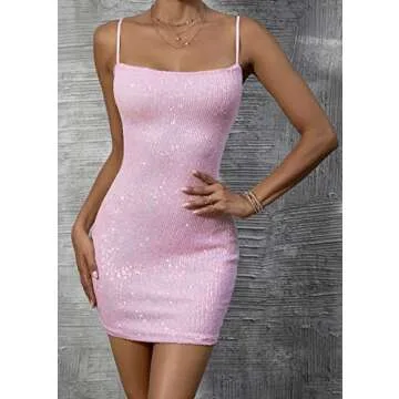 Feditch Women's Sexy Sequin Glitter Spaghetti Strap Sleeveless Bodycon Mini Club Dress Pink Small