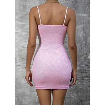 Feditch Women's Sexy Sequin Glitter Spaghetti Strap Sleeveless Bodycon Mini Club Dress Pink Small