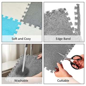 18 Pcs Plush Foam Floor Mat Square Interlocking Carpet Tiles with Border Fluffy Play Mat Floor Tiles Soft Climbing Area Rugs for Home Playroom Decor, 12 x 12 x 0.4 Inch (White, Light Gray, Royal Blue)